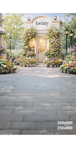 Tło fotograficzne „Kwiaciarnia w pastelowych kwiatach z jasną alejką” | E856